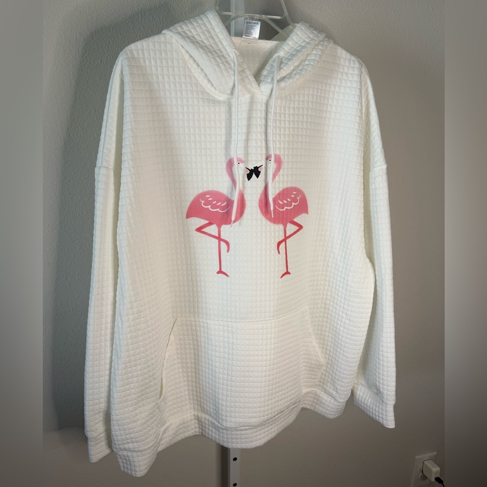 NWOT White Waffle-Knit Hoodie with Pink Flamingo Graphic